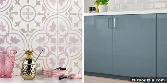 Can a Minimalist Home Feel Cozy? Practical Tips and Ideas 4 Glossy blue-gray cabinets with pink-gray tile
