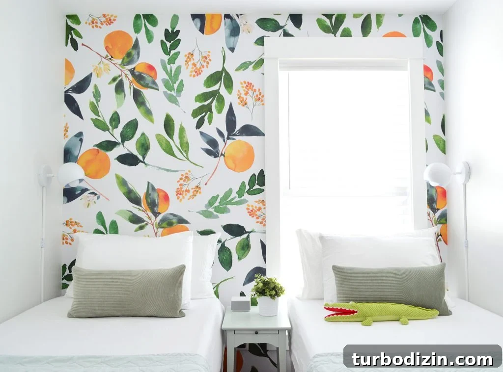 Small Bedroom With Peel And Stick Wall Mural With Orange Blossoms