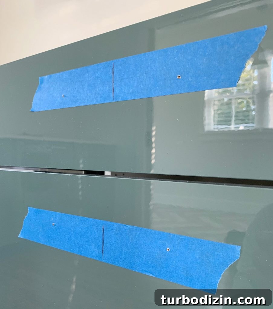 Small Pilot Holes Made In Kitchen Cabinet Drawer Front For Hardware