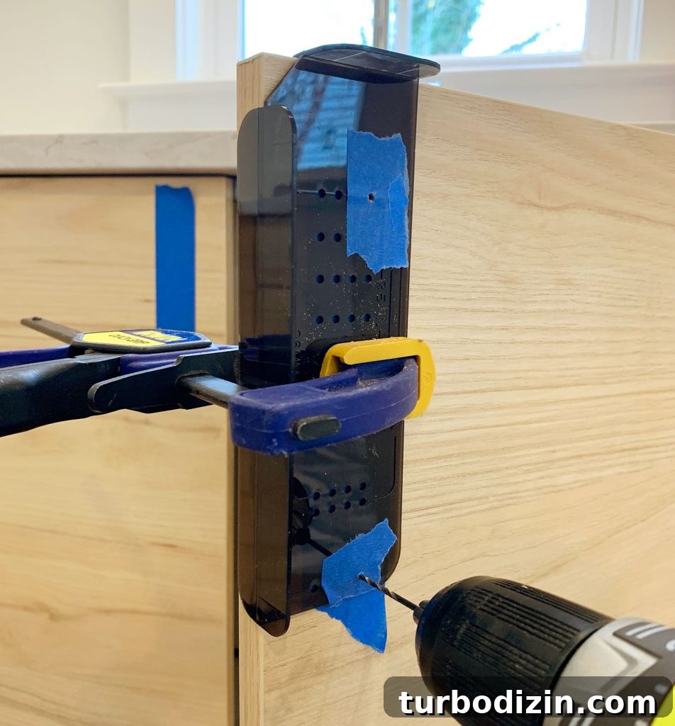 Using Template To Make Pilot Holes In Cabinet Door