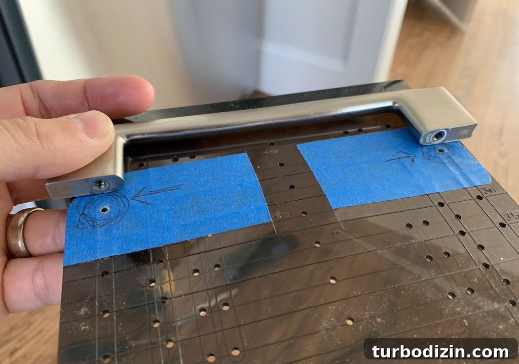 Cabinet Hardware Template Lined Up With Holes On Pull