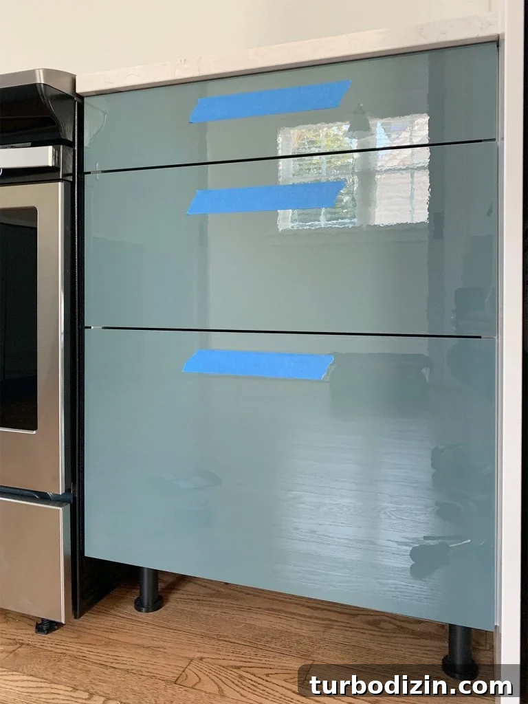 Protective Blue Tape Attached To Kitchen Drawer Fronts