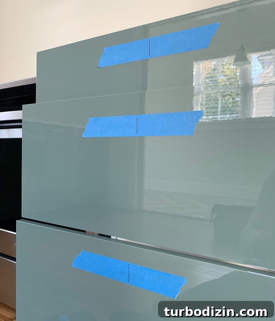 Center Lines Marked On Protective Tape On Kitchen Drawer Fronts