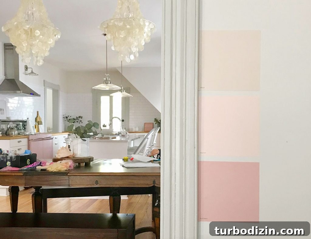Pink paint swatches on a wall