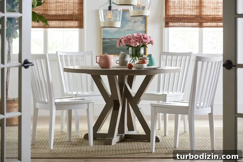 White dining chairs and trestle table