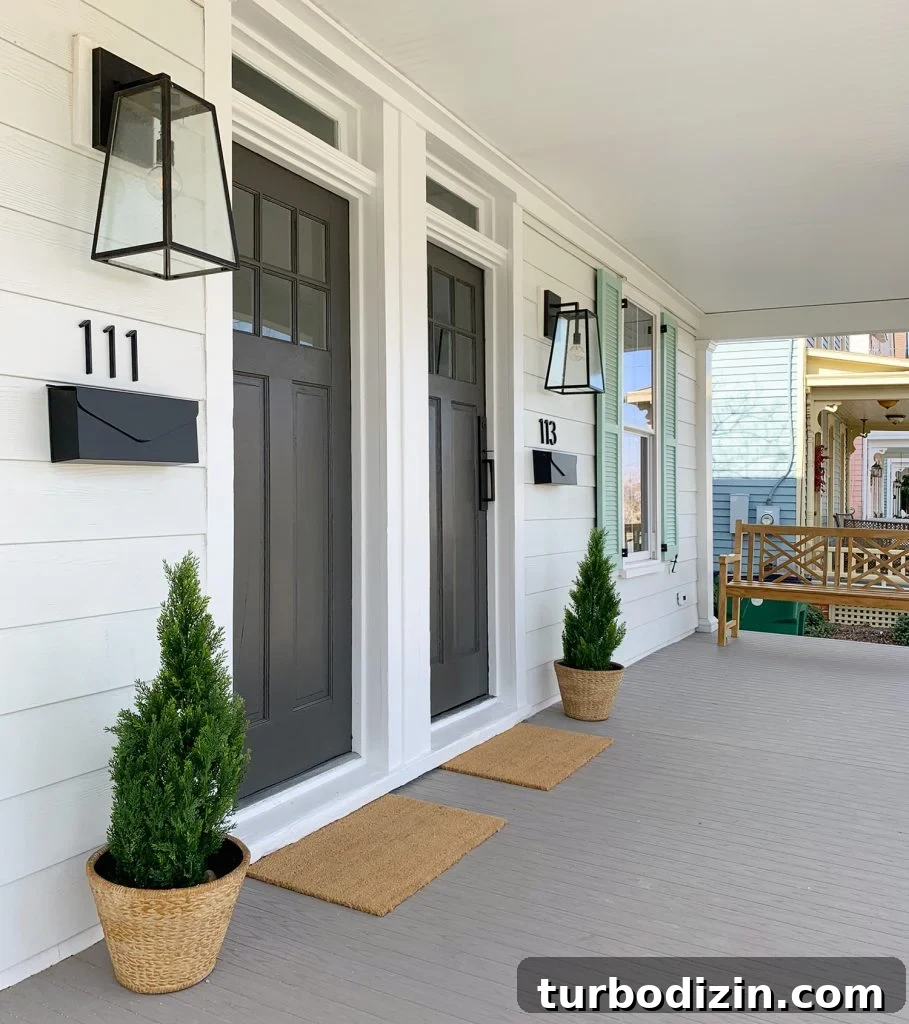Duplex Front Porch Makeover: Stylish Curb Appeal Ideas 18 Duplex Front Porch With Matching Doors And Wood Bench