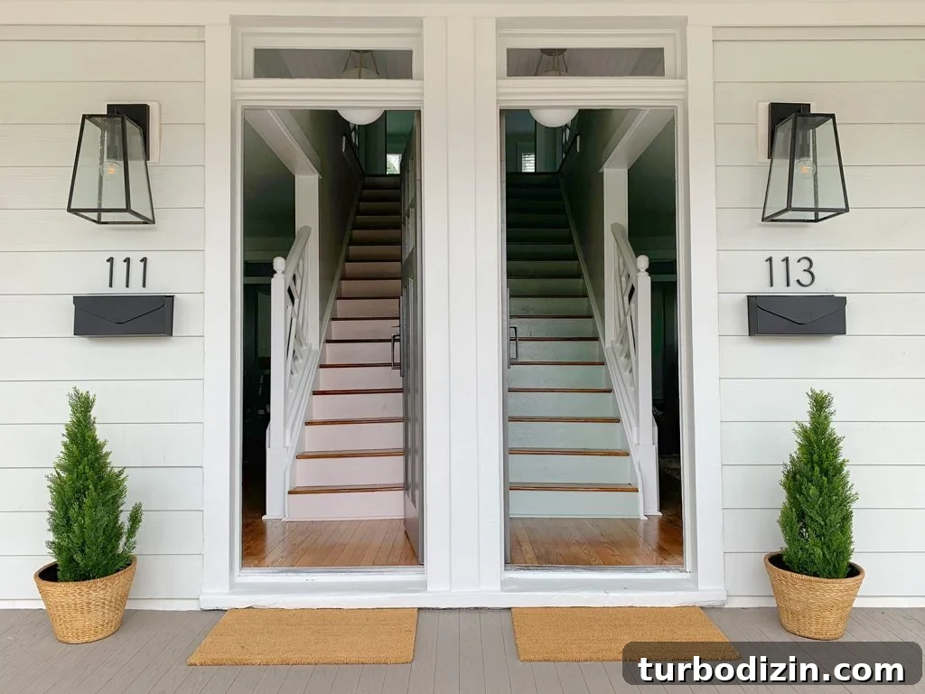 Duplex Front Porch Makeover: Stylish Curb Appeal Ideas 19 Duplex Colorful Staircases With One Painted Pink One Blue Green With House Numbers