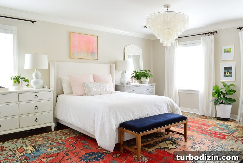 Traditional bedroom with Ikea curtains and red rug