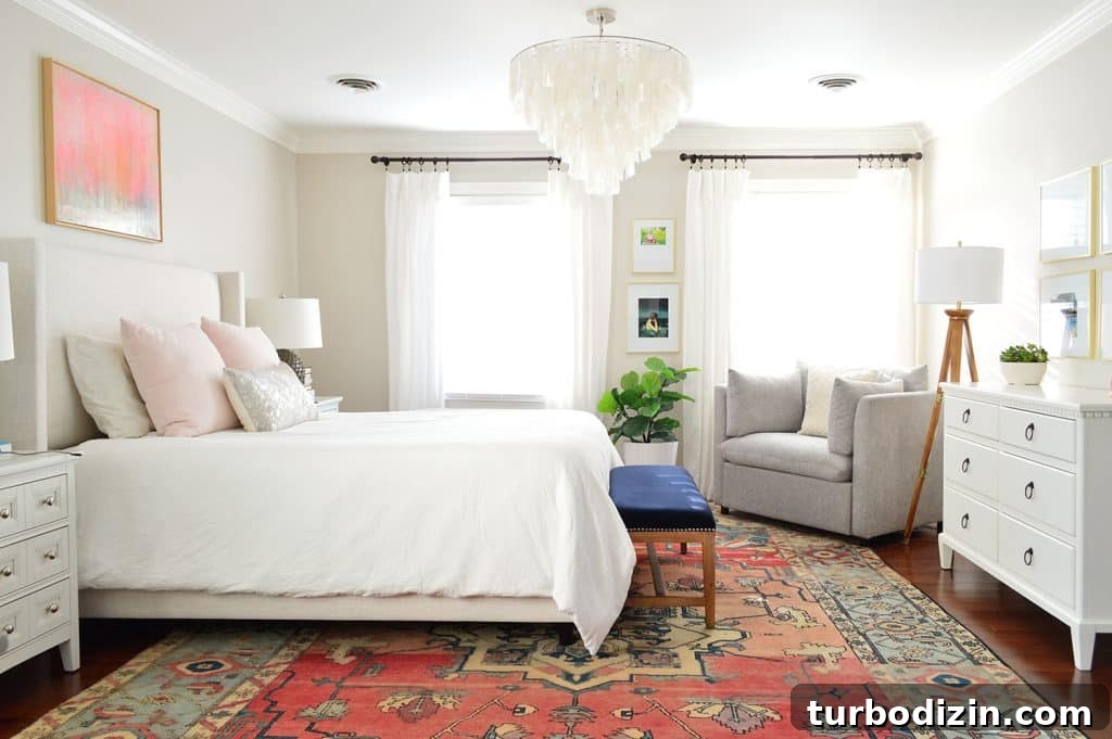 Master bedroom with two windows on one wall with sliver of wall in the middle