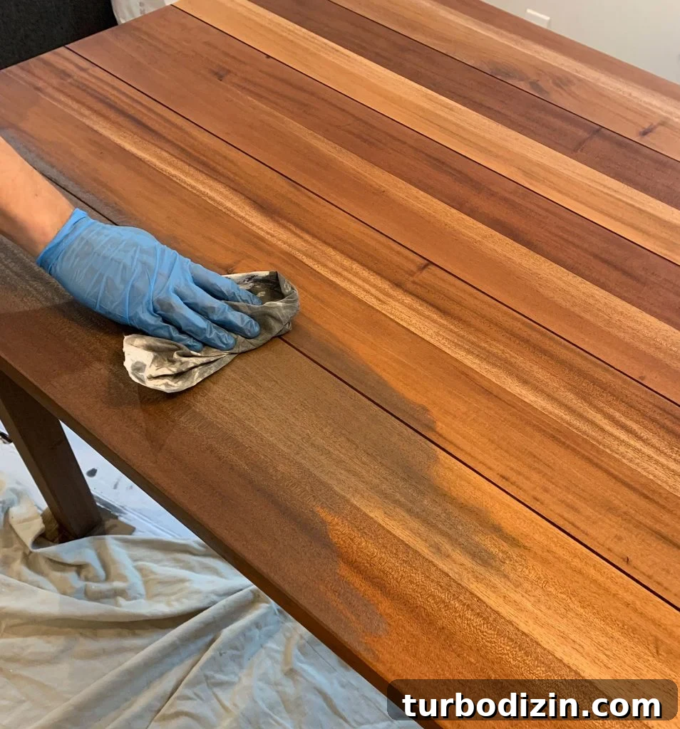 Refinish a Wooden Table: Step-by-Step Guide for Smooth Results 15 Overstain Darker Color Being Applied To Refinsihed Dining Table