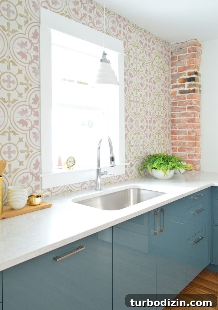 8 Essential Steps to Take Before You Start Tiling 5 Pink Patterned Tile In Blue Kitchen With Exposed Brick Chimney