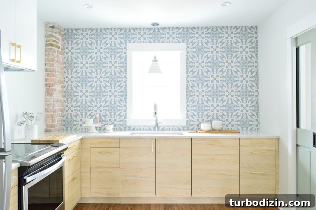 8 Essential Steps to Take Before You Start Tiling 6 Wood Ikea Kitchen With Exposed Brick Chimney and Blue White Patterned Tile