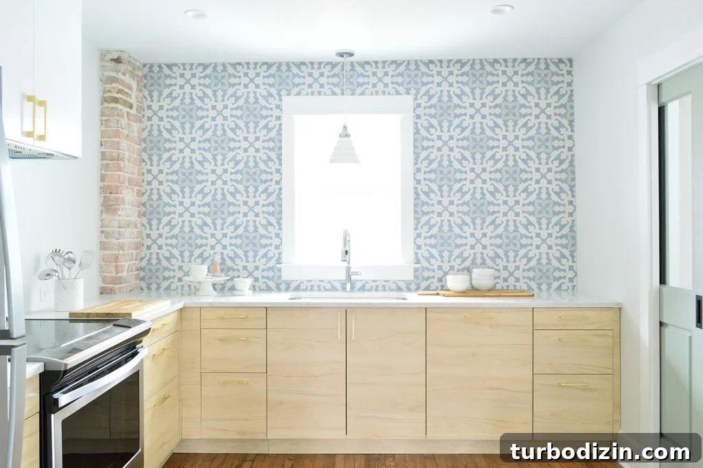 Ikea Kitchen Not Right for Our Home? What We Changed and Why 12 Wood Ikea Kitchen With Exposed Brick Chimney and Blue White Patterned Tile