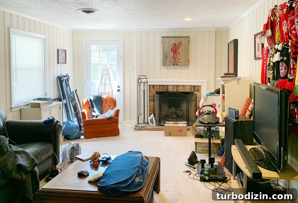 Basement gaming room before staging