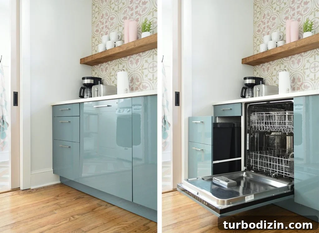 Cabinet Fronted Dishwasher And Trash Can In Ikea Kallarp Kitchen