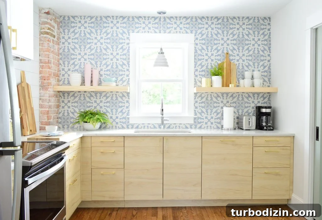 Duplex Kitchen With Blue Backsplash And Light Wood Ikea Cabinets