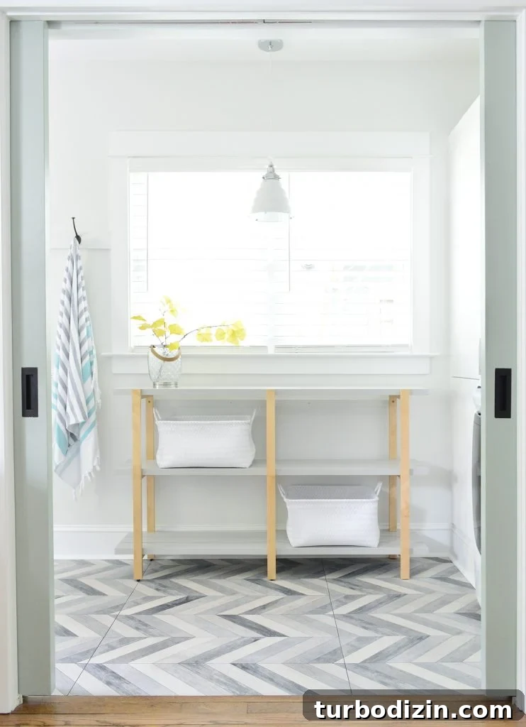 Airbnb Laundry & Mudroom Makeovers: Before and After Transformations 12 Open Shelf Through Pocket Doors In Duplex Mudroom Laundry