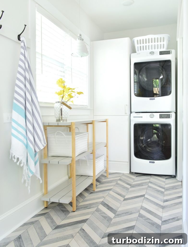 Airbnb Laundry & Mudroom Makeovers: Before and After Transformations 14 Duplex Landry Room Stacked Appliances Open Shelf