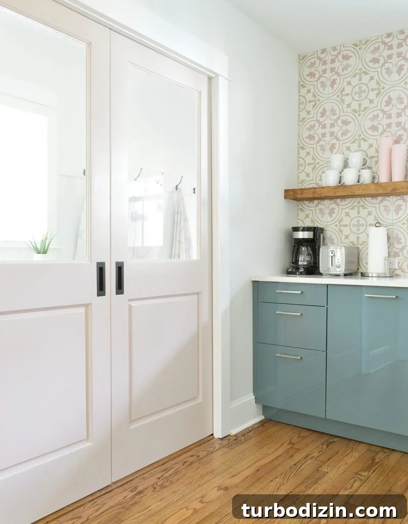Airbnb Laundry & Mudroom Makeovers: Before and After Transformations 3 Pink Pocket Doors Between Duplex Kitchen And Mudroom