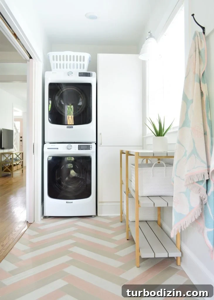 Airbnb Laundry & Mudroom Makeovers: Before and After Transformations 7 Stacked Washer Dryer In Duplex Laundry Mudroom With Open Shelf