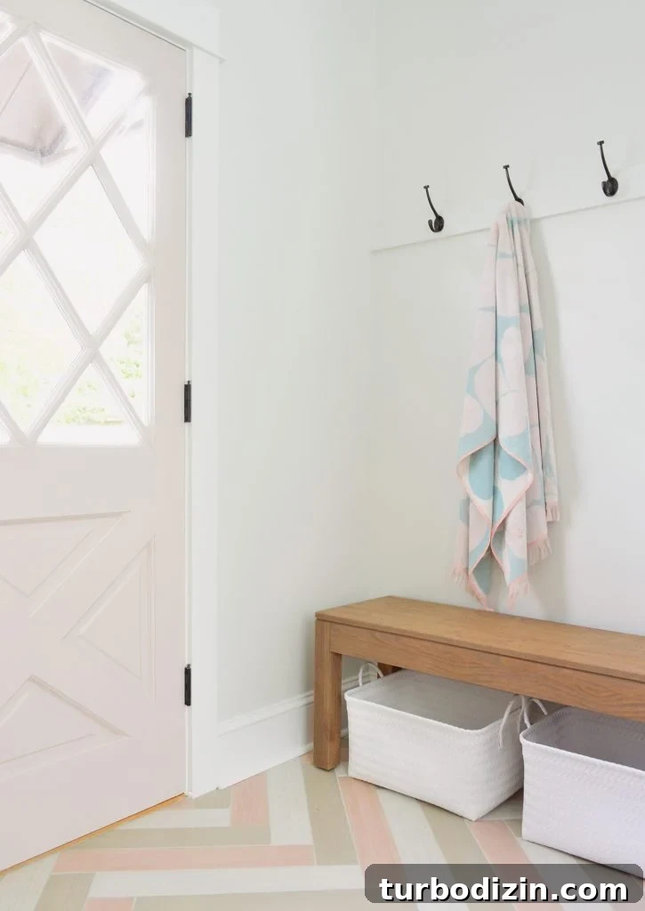 Airbnb Laundry & Mudroom Makeovers: Before and After Transformations 10 Towel Hook Rail With Pink Diamond Door In Duplex Mudroom With Bench