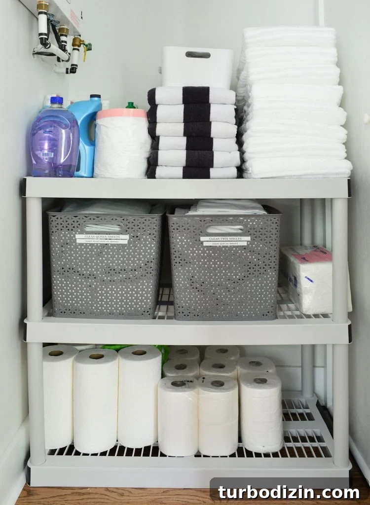 Family-Friendly Airbnb: Kids’ Bedrooms & Storage Tips 18 Duplex Owners Closet With Plastic Shelving Labeled Bins