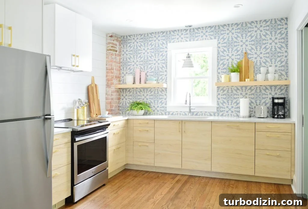 Wood Askersund Ikea Cabinets With Blue Tile Backsplash
