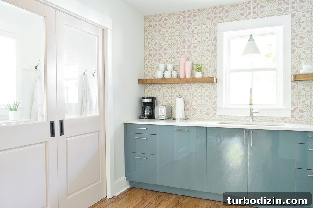 View Into Pink Mudroom From Blue Kitchen Pocket Doors Closed