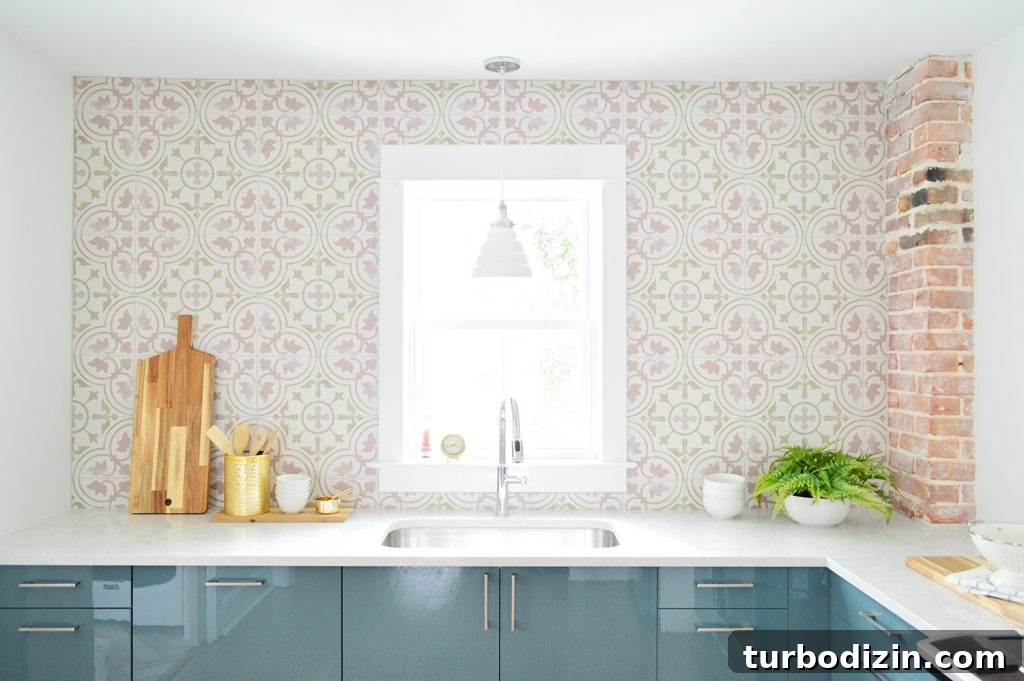 Pink Tile Bar Patterned Tile Installed In Blue Ikea Kitchen With Exposed Chimney