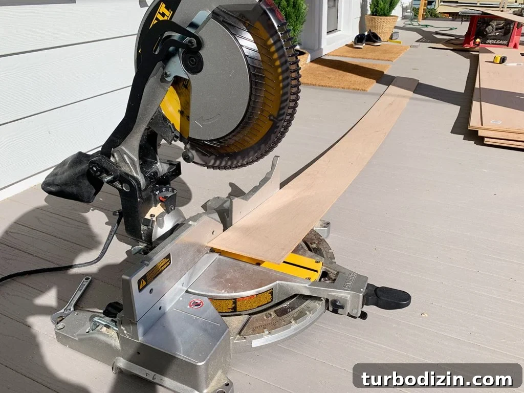 DIY Shiplap Wall Plank Makeover for $31 Total 8 Miter Saw Set Up To Cut Panel Strip To Length