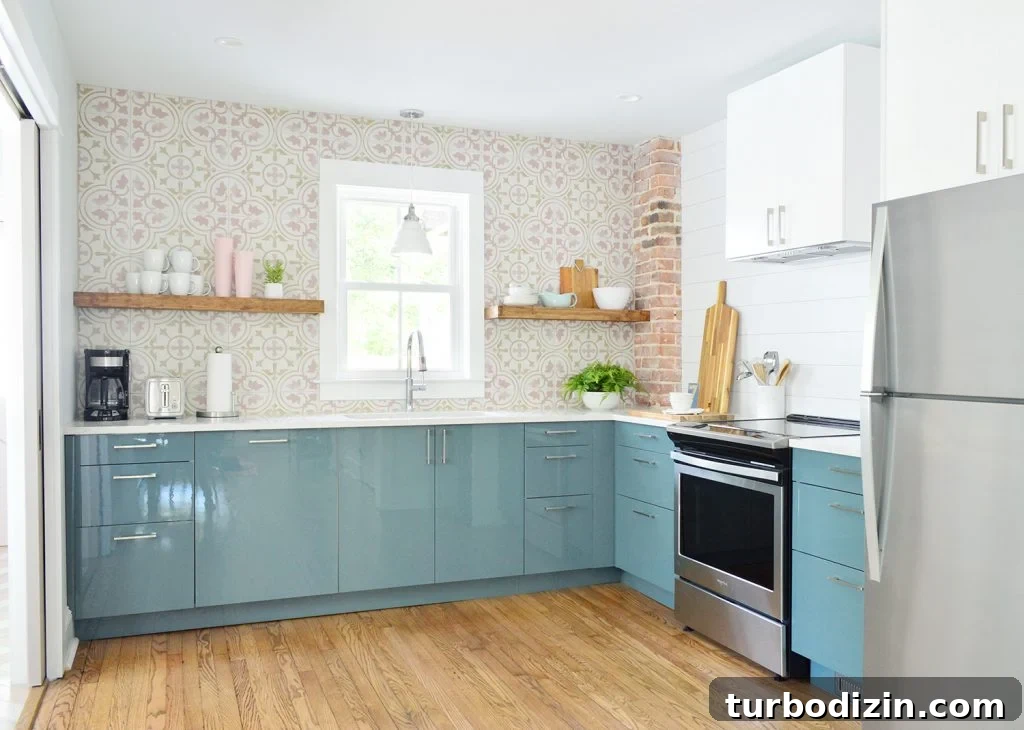 Full Duplex Kitchen With Planked Wall And Pink Tile Backsplash