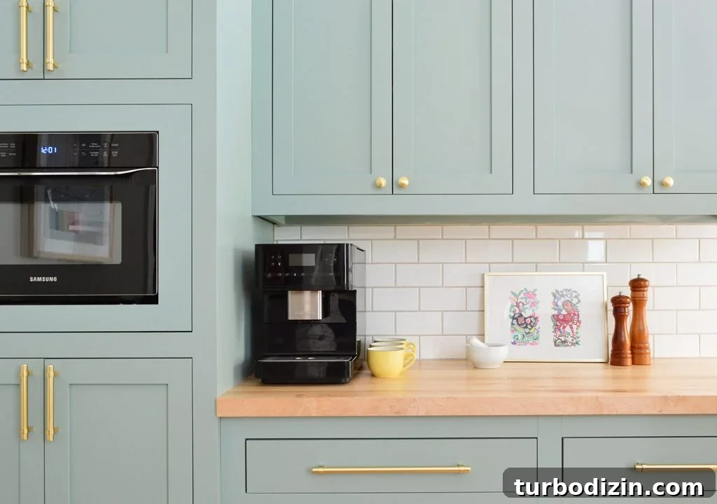 Update Old Kitchen Cabinets with New Inset Doors for a Fresh Look 2 Espresso Machine On Coffee Counter In Halcyon Green Blue Kitchen
