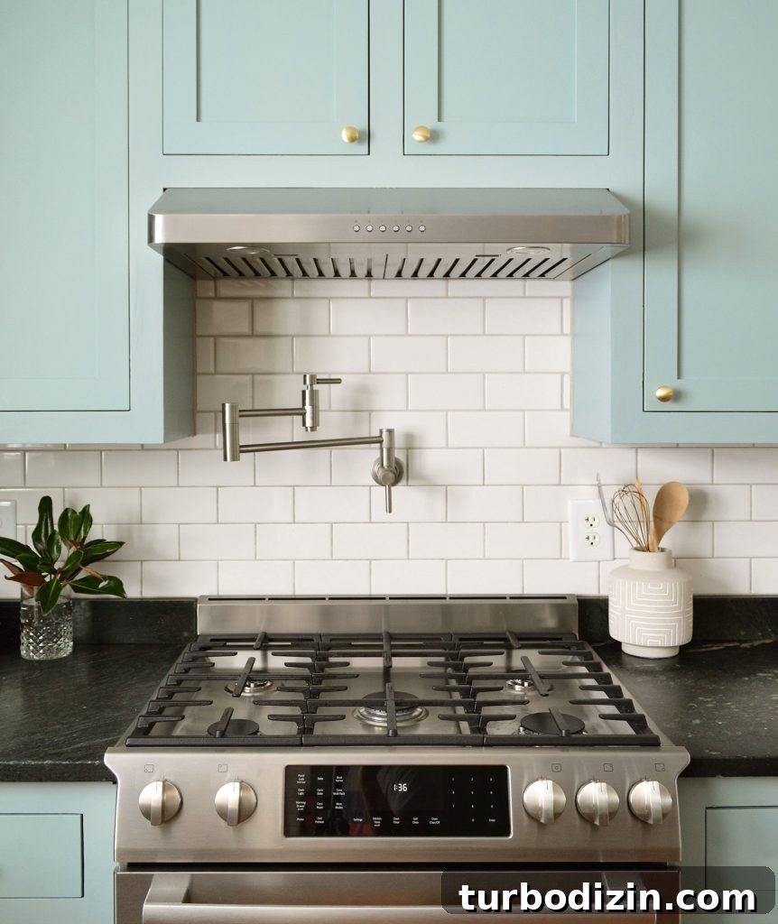 Update Old Kitchen Cabinets with New Inset Doors for a Fresh Look 6 Pot Filler Over Stainless Steel Gas Range On Subway Tile Backsplash