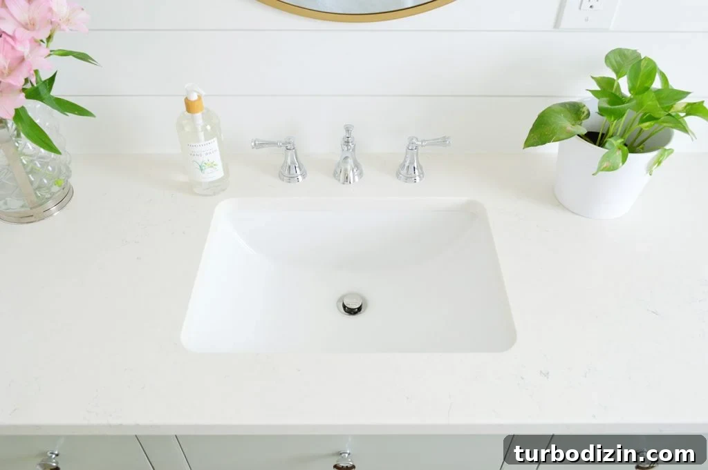 Bathroom vanity sink with silver faucet