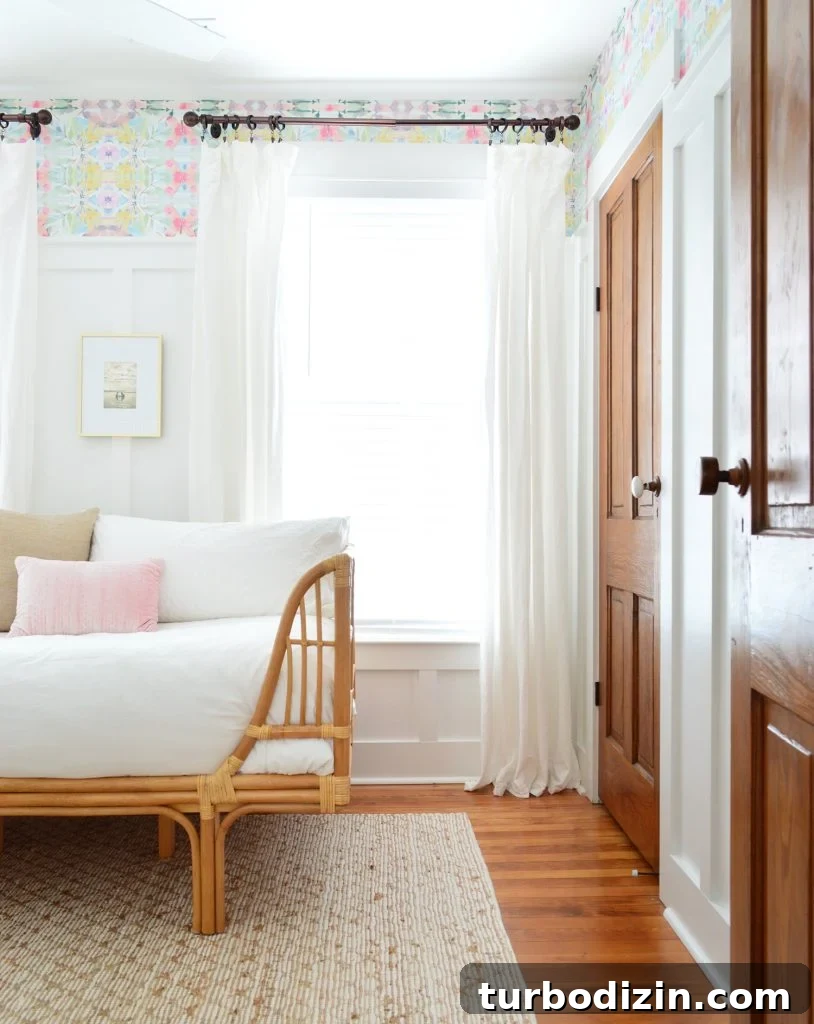 Board and Batten Tutorial: Step-by-Step Guide for Stunning Walls 21 Bedroom With Wood Doors And Peel And Stick Wallpaper With Rattan Daybed