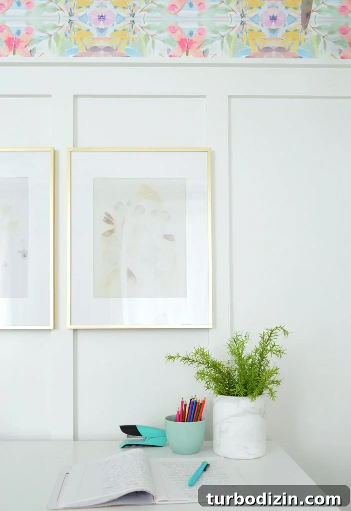 Board and Batten Tutorial: Step-by-Step Guide for Stunning Walls 5 Desk With Gold Frames Hung On White Board And Batten