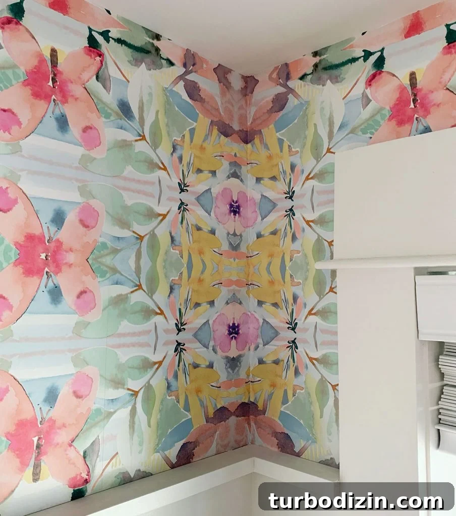 DIY Peel And Stick Wallpaper Installed In Corner Of Room With Crooked Corners