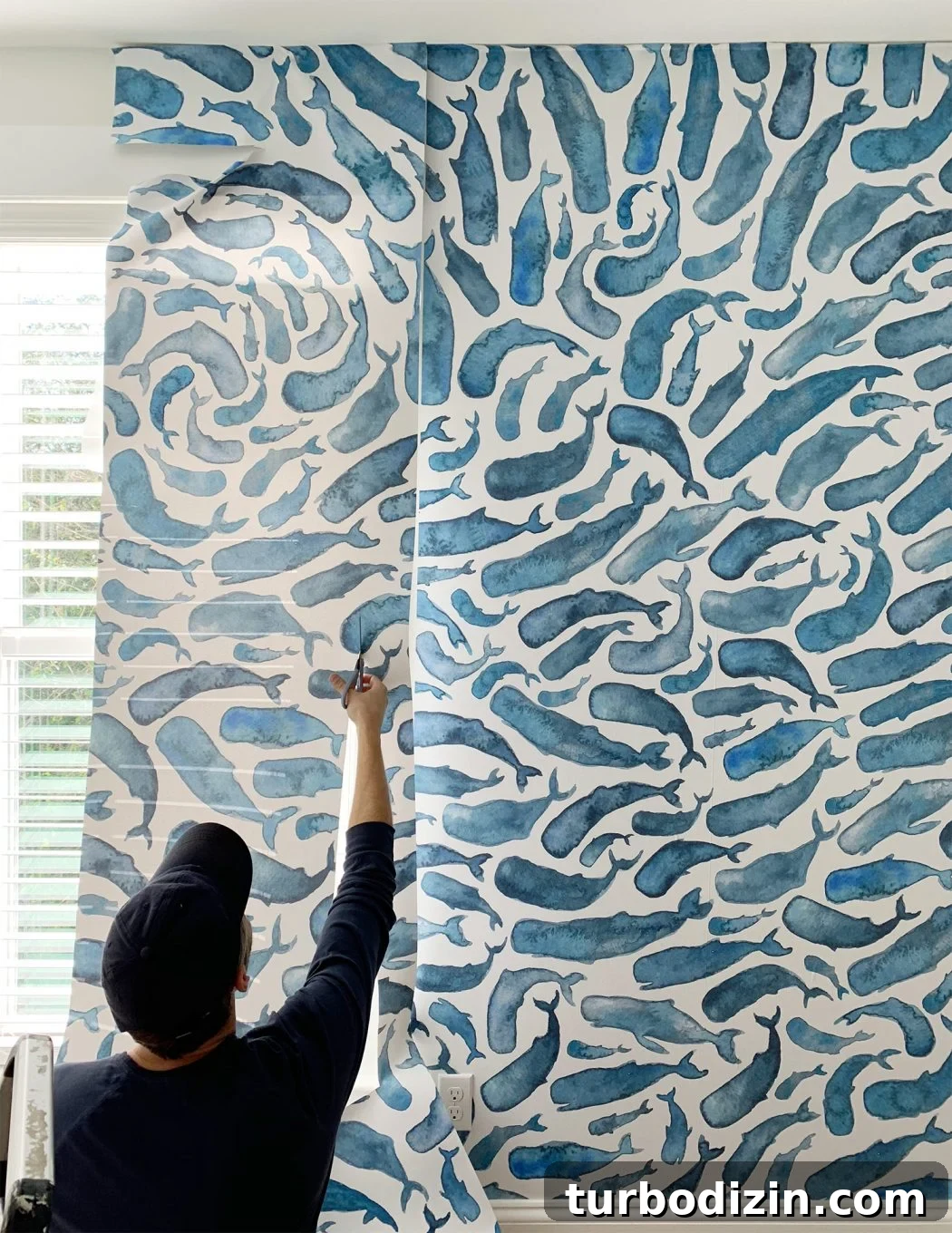 Sherry Trimming Colorful Blue Whale Wall Mural Around Window