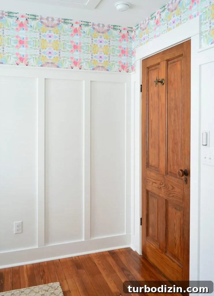 Wood Door In Room With White Board And Batten And Colorful Peel And Stick Wallpaper