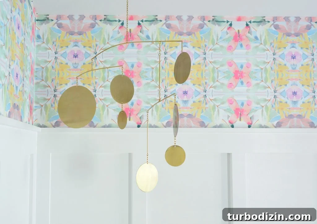 Coastal Bedroom Design: Wallpaper with Board and Batten Trim 9 Detail Of Peel And Stick Wallpaper With Gold Circle Mobile