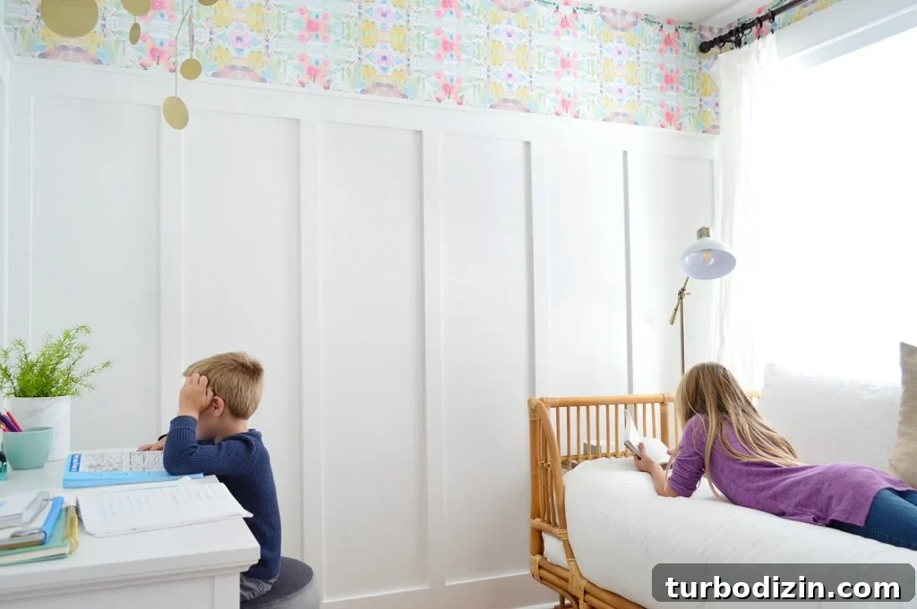 Coastal Bedroom Design: Wallpaper with Board and Batten Trim 7 Kids Lounging In Bedroom With Board And Batten And Wallpaper