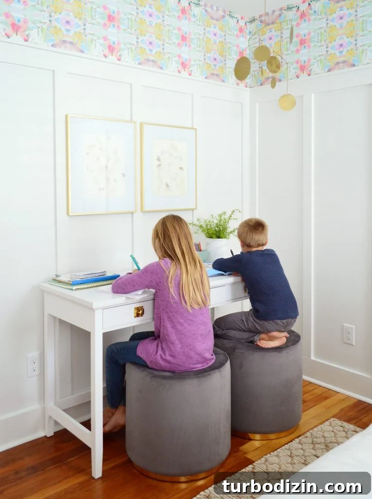 Coastal Bedroom Design: Wallpaper with Board and Batten Trim 8 Kids Sitting On Stools As Writing Desk In Beachy Bedroom