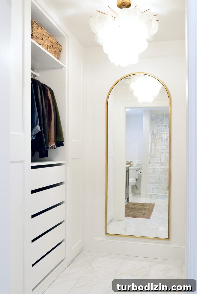 Major Bathroom and Closet Remodel Reveal: Stylish Storage Ideas 6 Ikea Pax Closet With Arched Brass Mirror In Master Closet