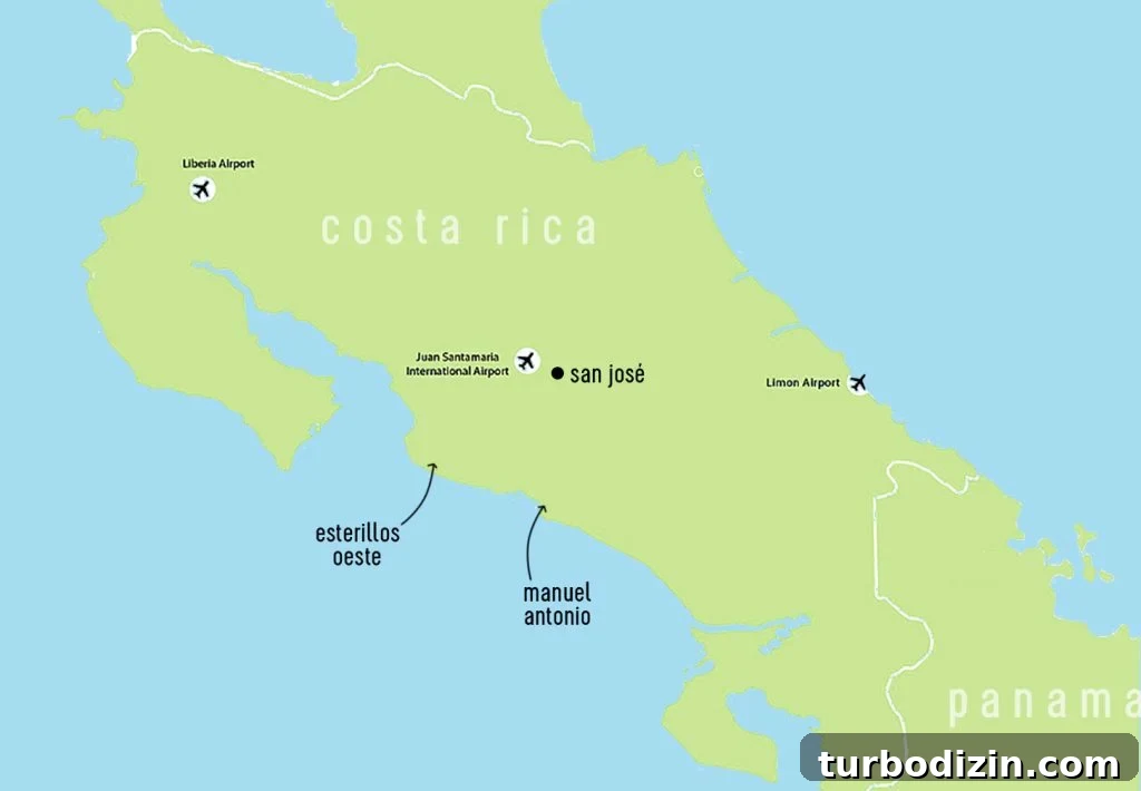 Costa Rica Map With Esterillos Oeste and Manuel Antonio labeled