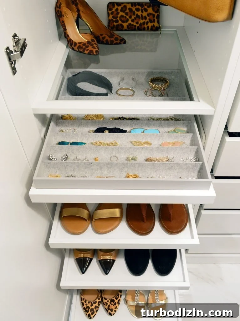 Overhead View Of Ikea Pax Jewelry Tray Organizer With Pull Out Shoe Trays