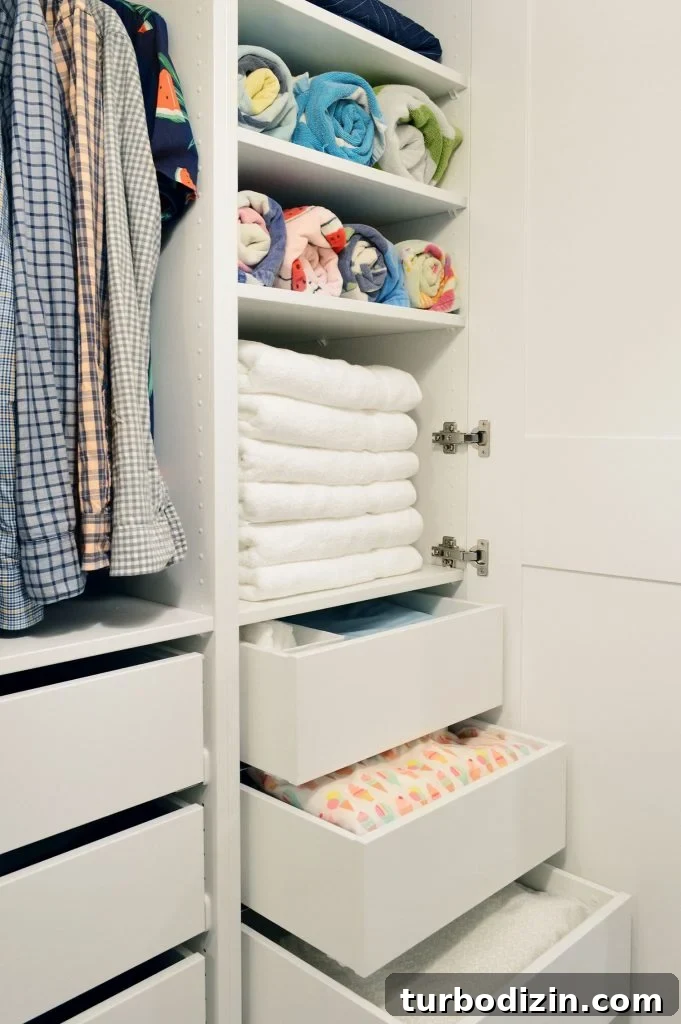 Linen Towel Storage On Shelves And Drawers In Ikea Pax Wardrobe