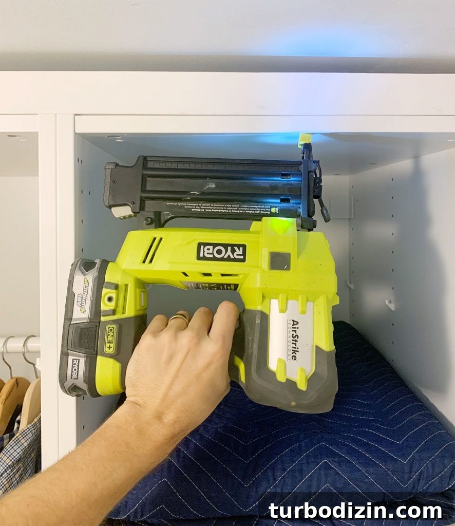 Ryobi AirStrike Nailer Attaching First Board To Build In Ikea Pax