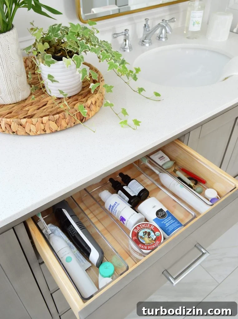 Bathroom Makeover Before and After Photos + Exact Cost Breakdown 7 Open Drawer To Gray Bathroom Vanity Showing Organization Plastic Caddies
