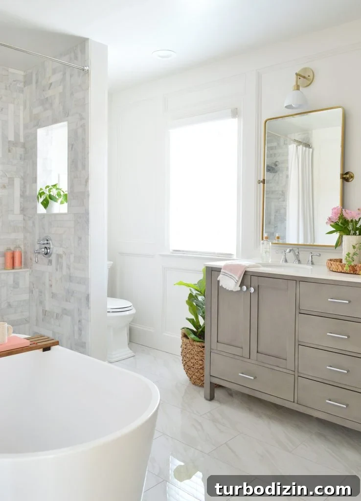 Bathroom Makeover Before and After Photos + Exact Cost Breakdown 9 Contemporary Marble Bathroom With Walk In Shower Gray Vanity And Plants