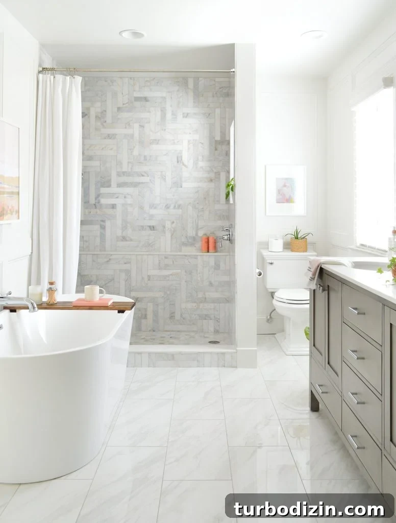 Bathroom Makeover Before and After Photos + Exact Cost Breakdown 11 After Photo Of Bathroom With Large Walk-In Herringbone Marble Tile Shower And Freestanding Tub